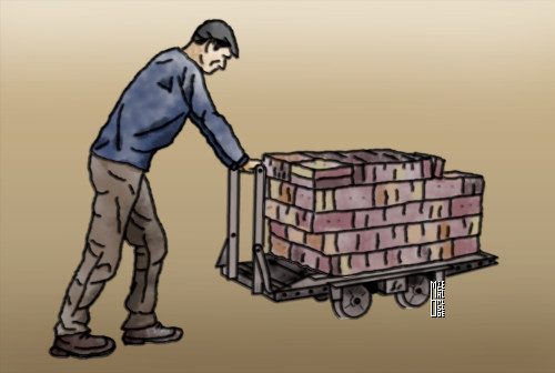 briquetier poussant un wagonnet Decauville - dessin de MJCO
